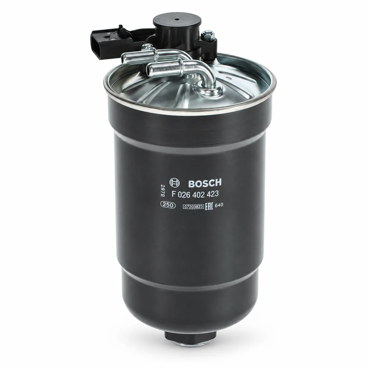 BOSCH eldsneytissía N 2423 F026402423 með svörtu húsi og tveimur málmtengingum að ofan.